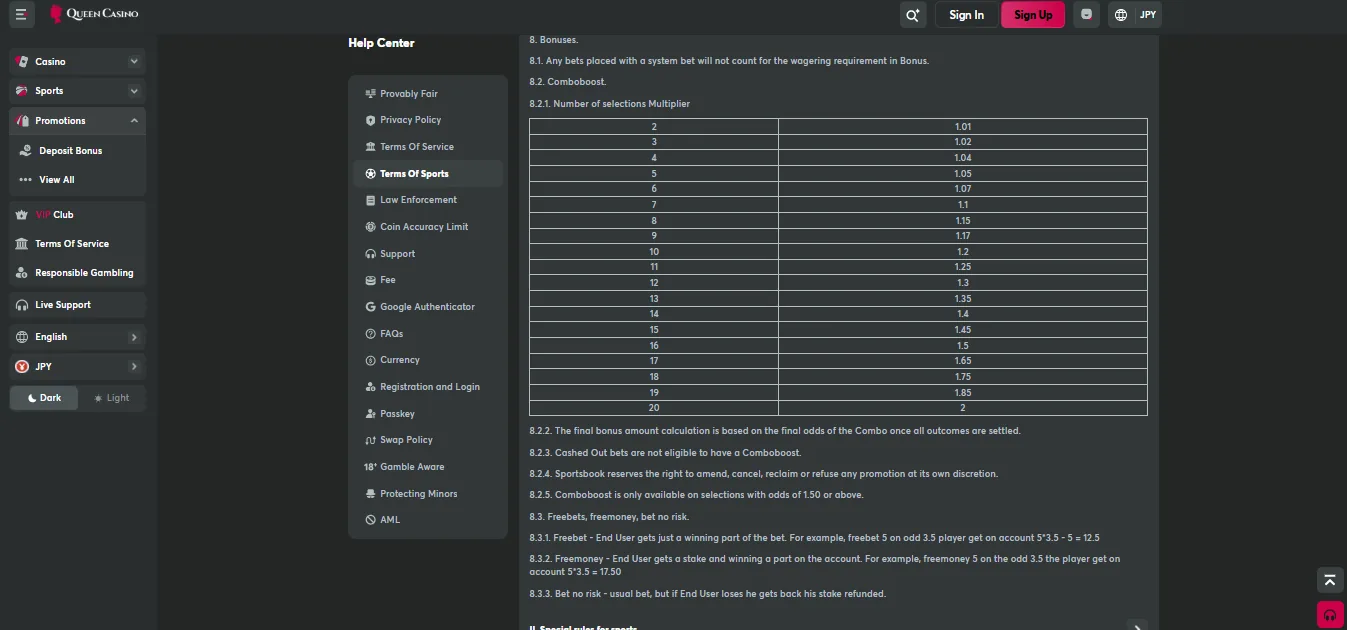 Screenshot of Queen Casino's bonus terms and wagering requirements