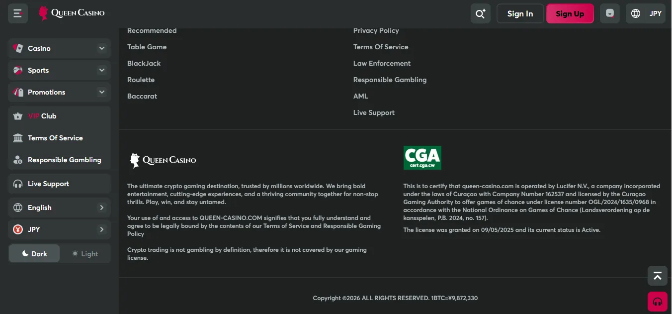 Screenshot of Queen Casino's footer licence and regulator details
