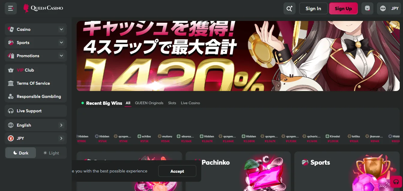 Screenshot of Queen Casino's homepage