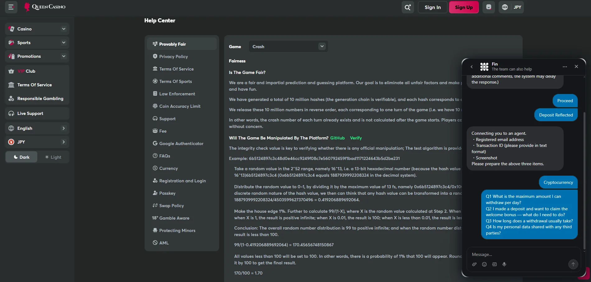 Screenshot of Queen Casino's live chat support window