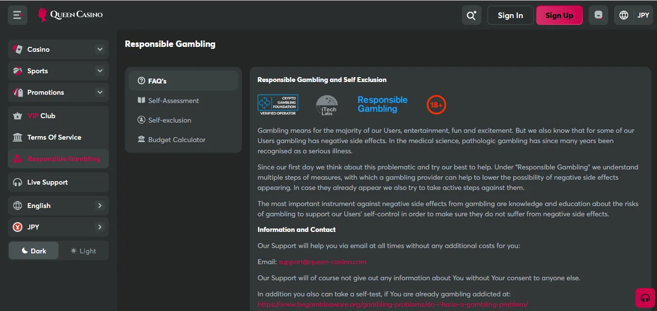 Screenshot of Queen Casino's responsible-gambling tools