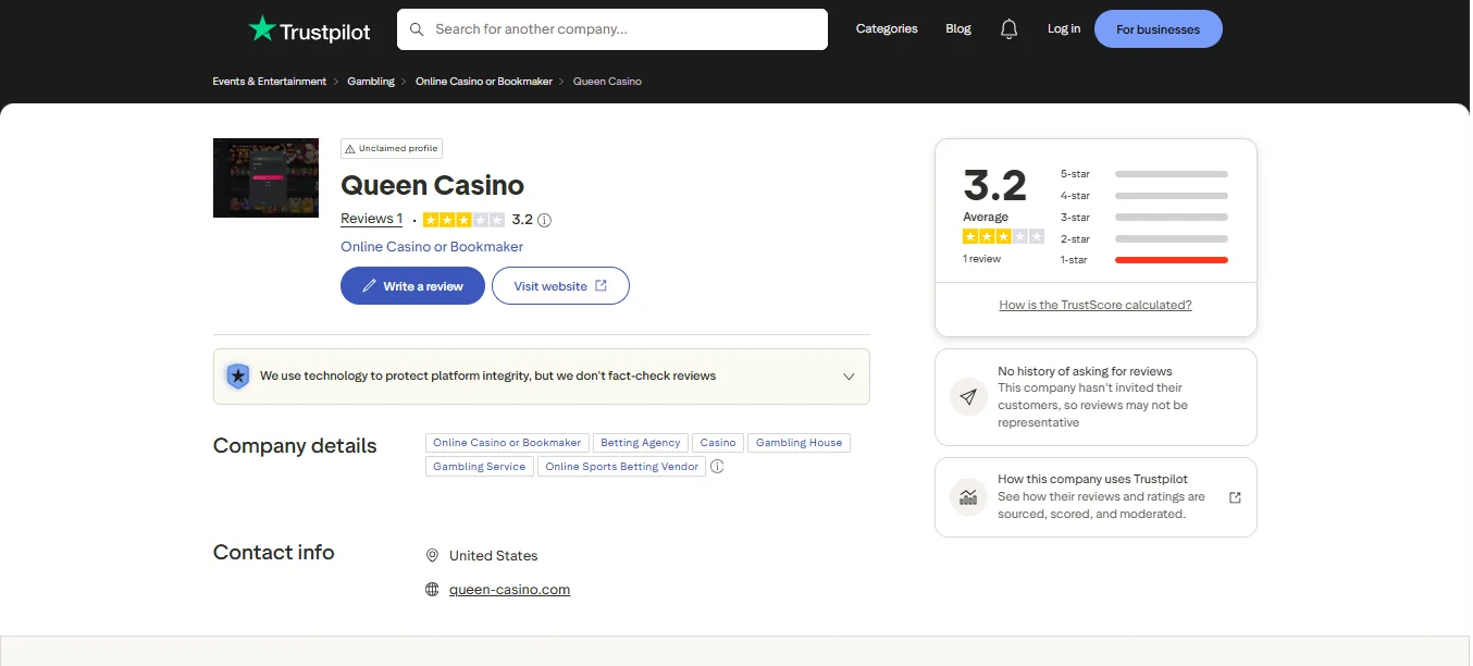 Screenshot of Queen Casino's Trustpilot rating overview