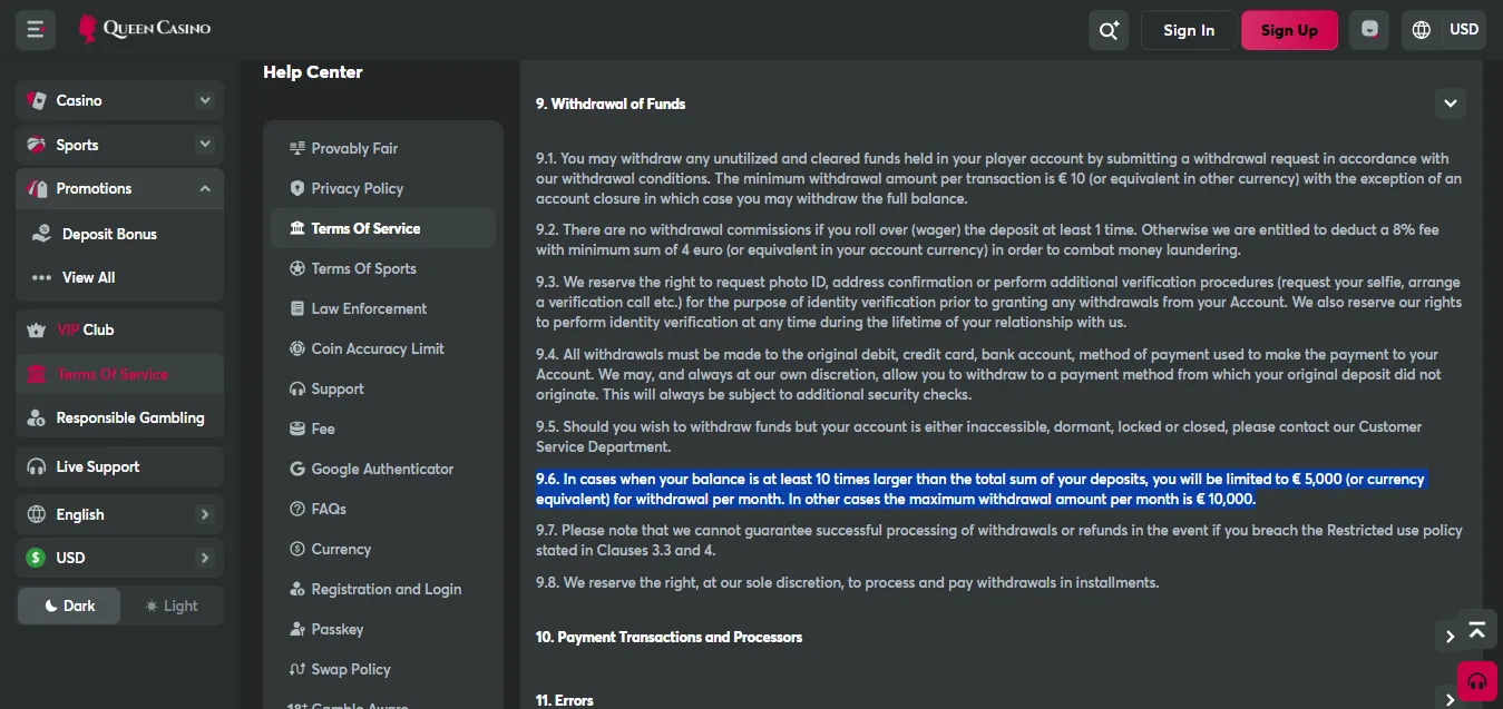Screenshot of Queen Casino's withdrawal section and limits