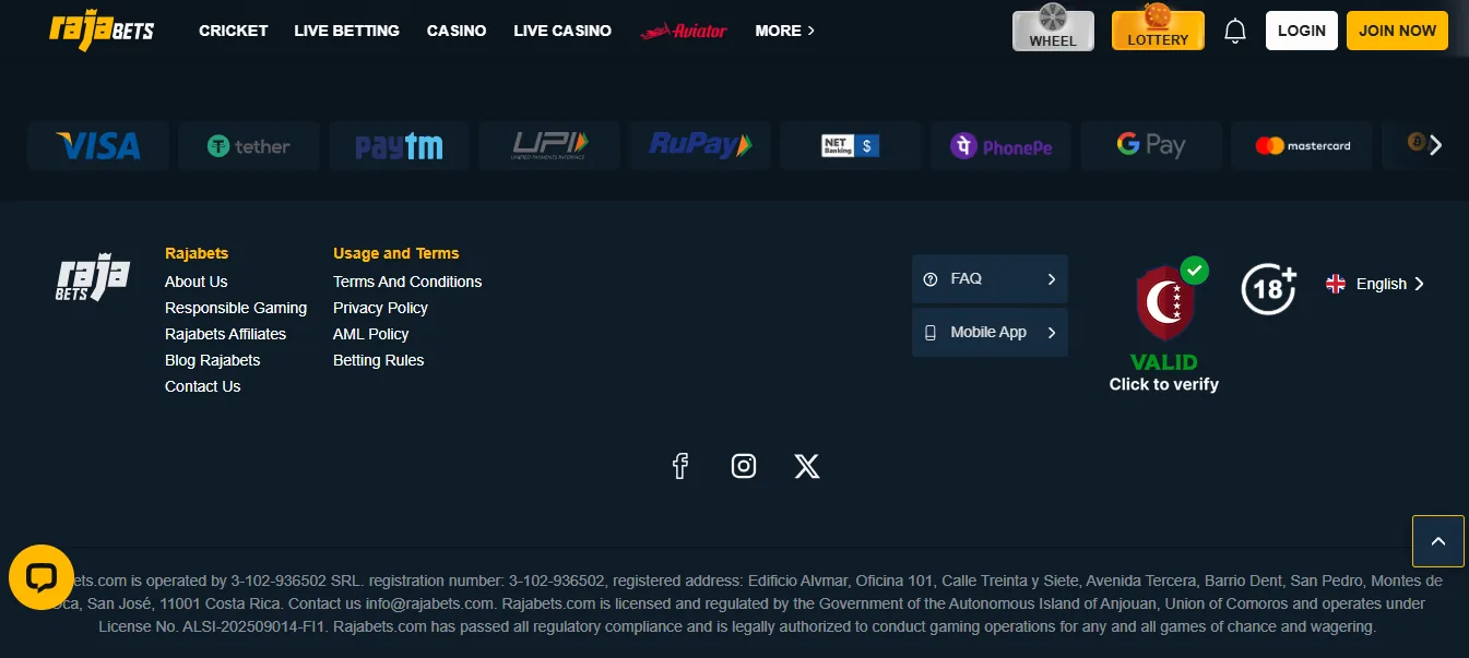 Screenshot of Rajabets's footer licence and regulator details