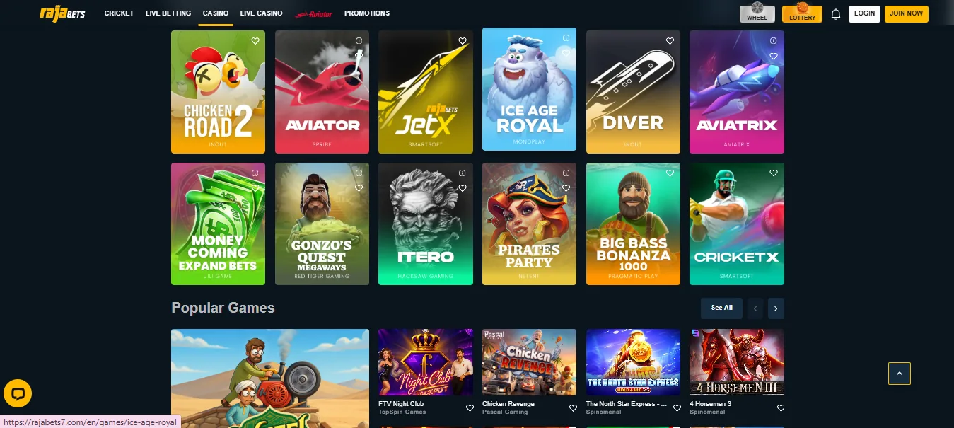 Screenshot of Rajabets's games lobby