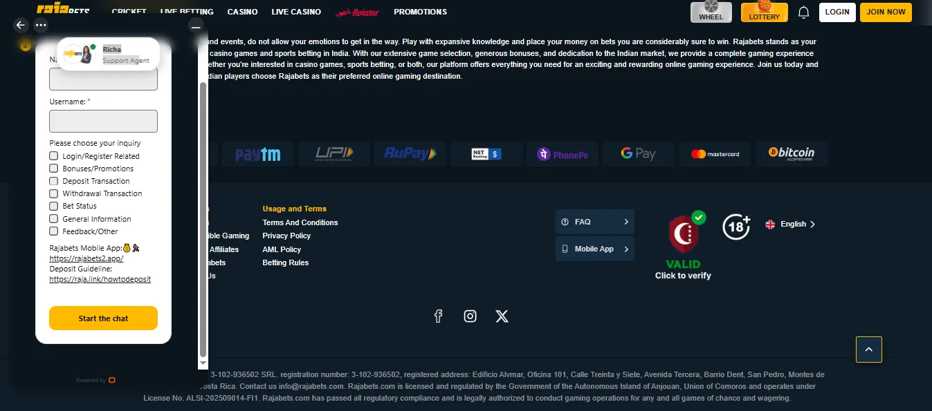 Screenshot of Rajabets's live chat support window