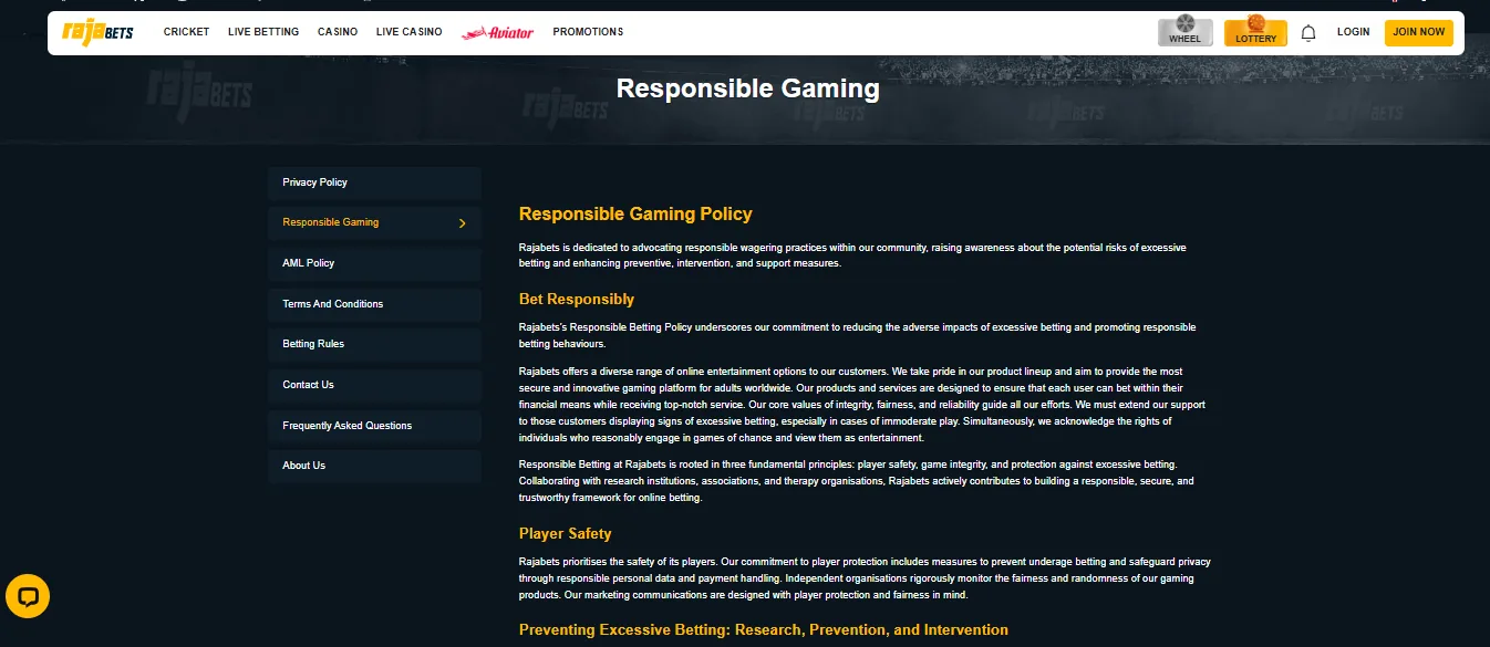 Screenshot of Rajabets's responsible-gambling tools
