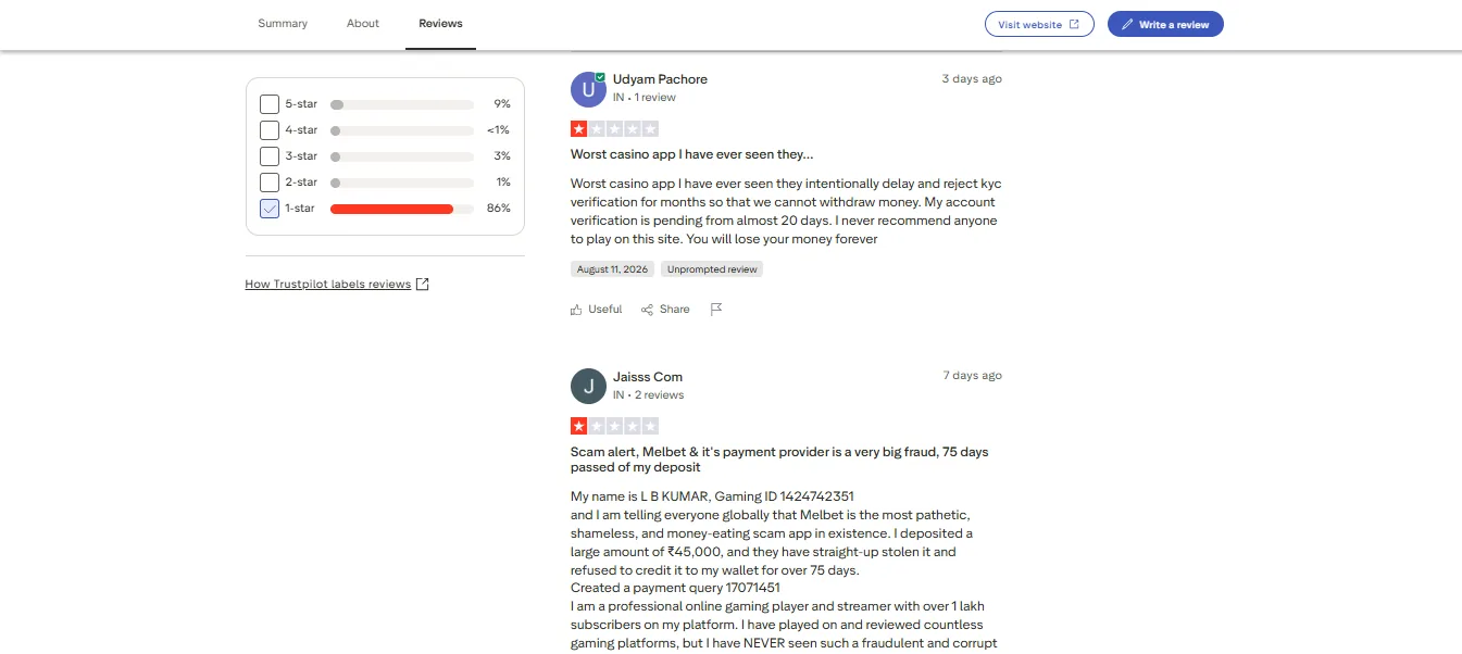 Screenshot of Rajabets's negative Trustpilot review