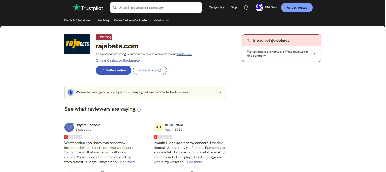 Screenshot of Rajabets's Trustpilot rating overview