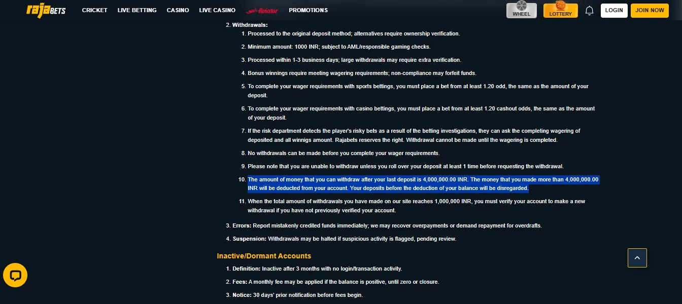 Screenshot of Rajabets's withdrawal section and limits
