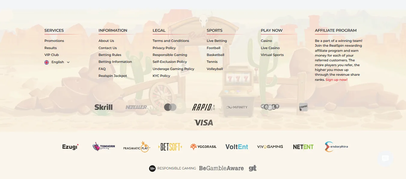 Screenshot of Realspin's cashier and payment methods