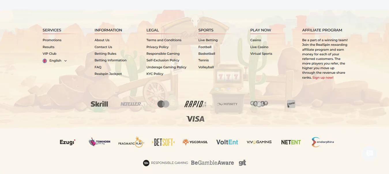 Screenshot of Realspin's footer licence and regulator details