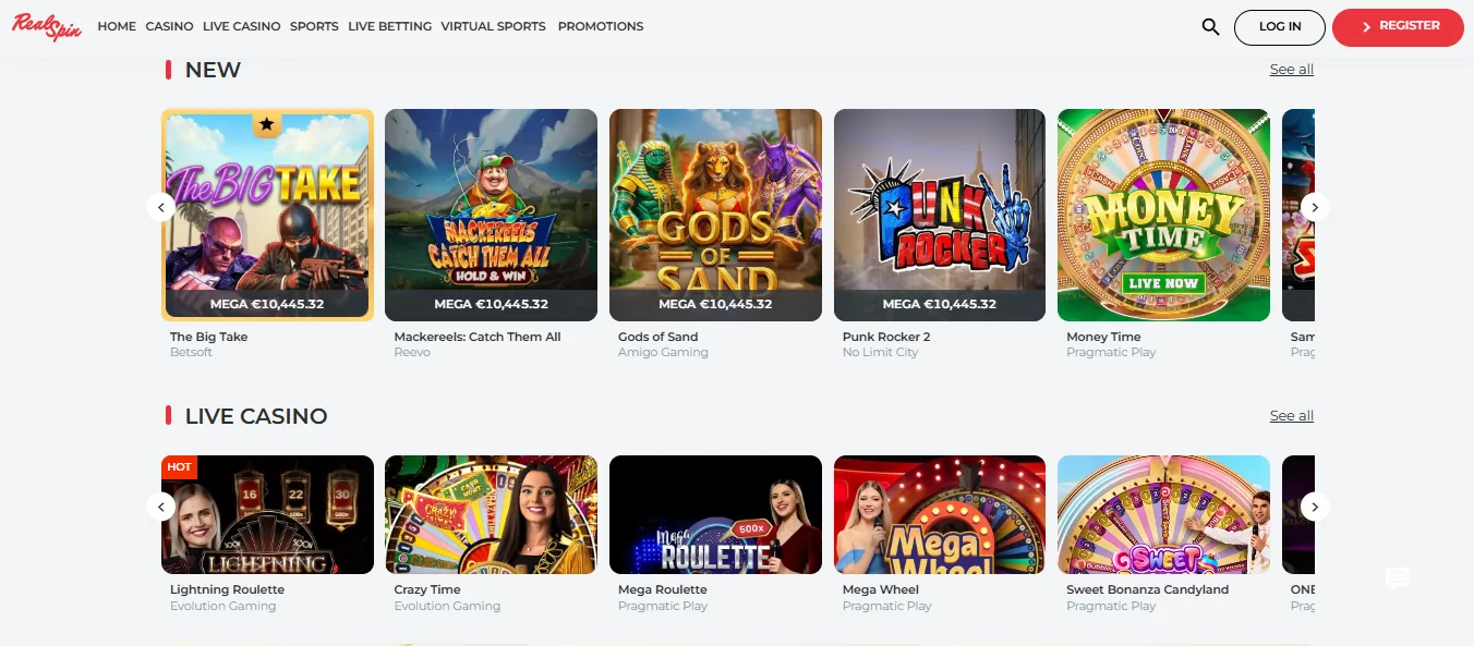 Screenshot of Realspin's games lobby