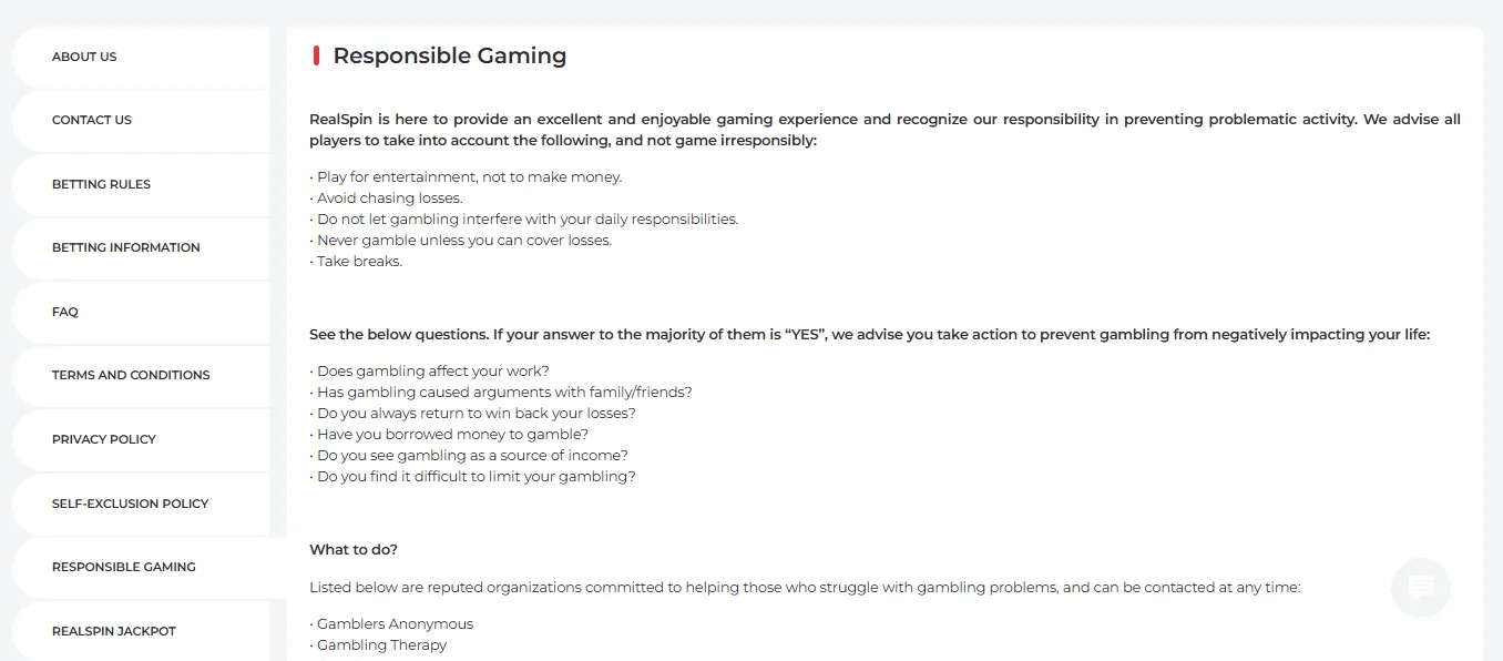 Screenshot of Realspin's responsible-gambling tools