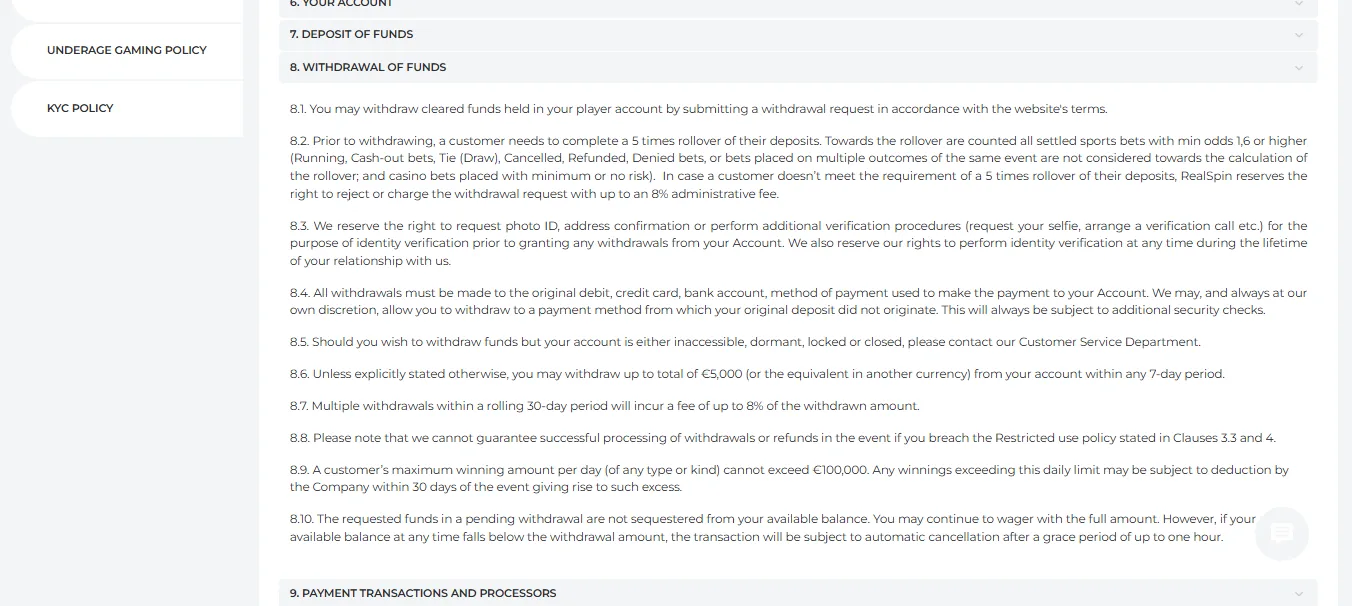 Screenshot of Realspin's withdrawal section and limits
