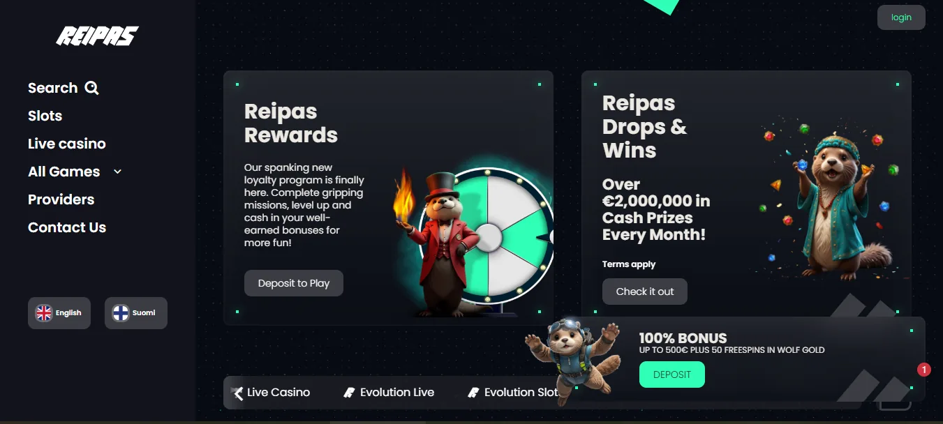 Screenshot of Reipas Casino's welcome bonus offer
