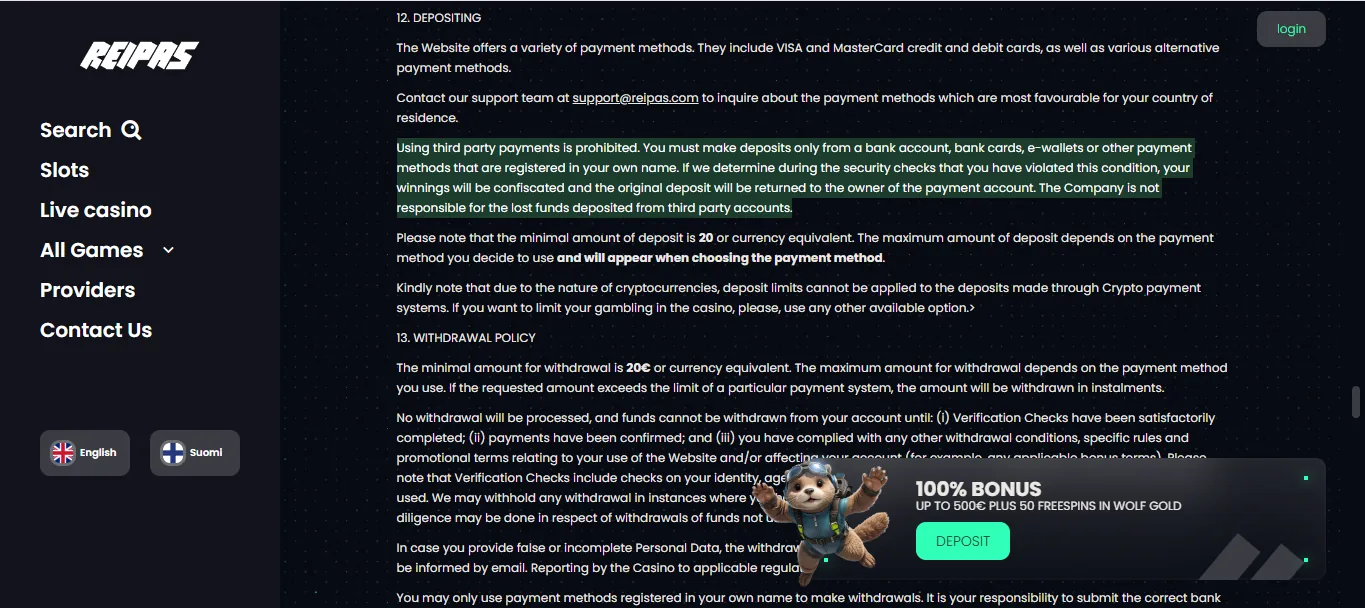 Screenshot of Reipas Casino's cashier and payment methods