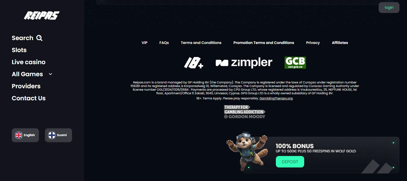Screenshot of Reipas Casino's footer licence and regulator details