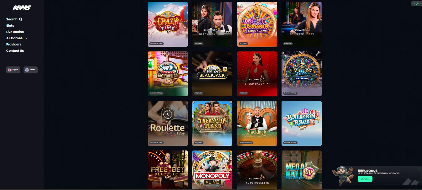 Screenshot of Reipas Casino's games lobby