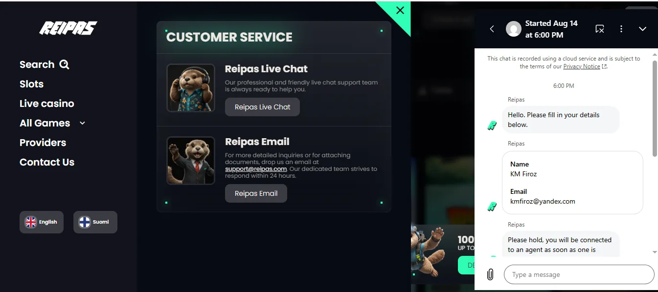 Screenshot of Reipas Casino's live chat support window
