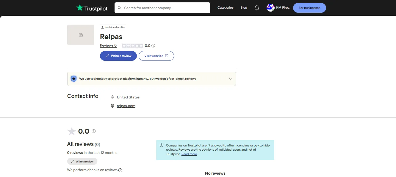 Screenshot of Reipas Casino's Trustpilot rating overview