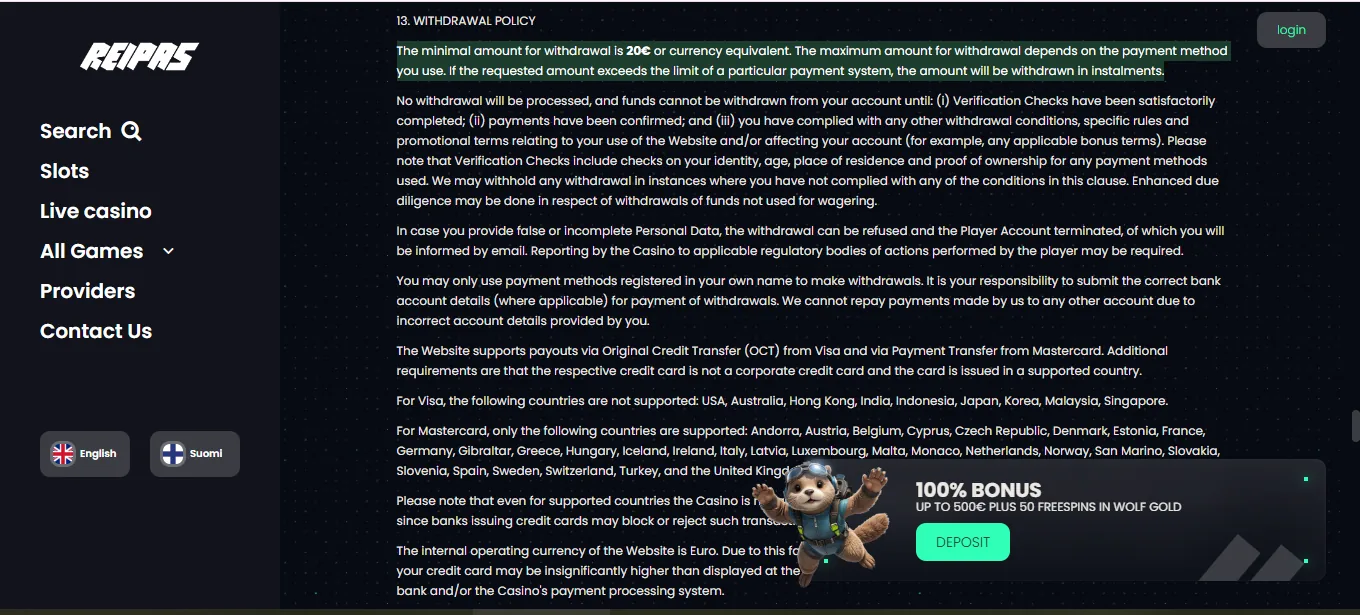 Screenshot of Reipas Casino's withdrawal section and limits