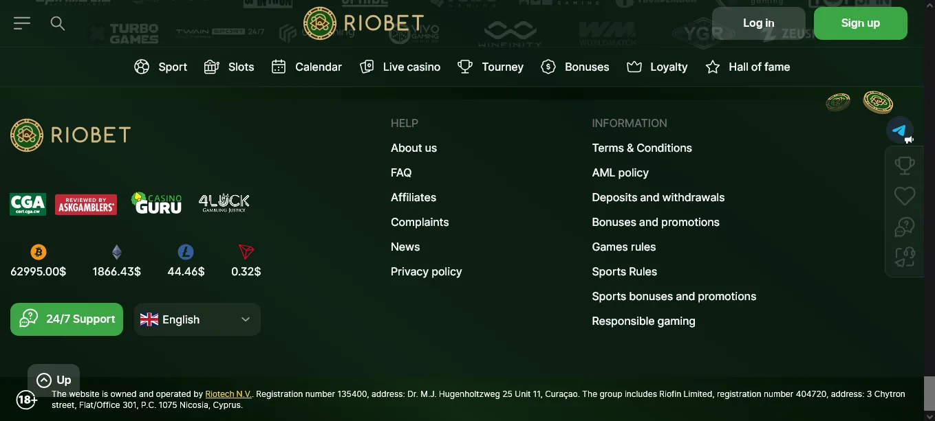 Screenshot of RioBet's footer licence and regulator details