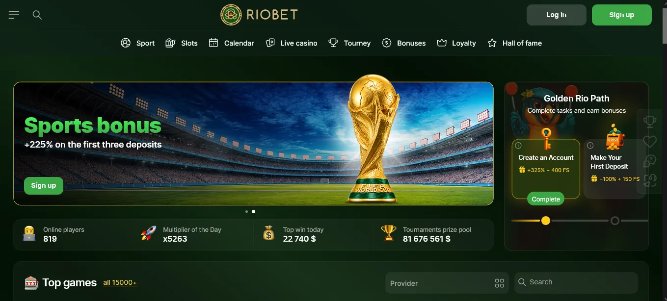 Screenshot of RioBet's homepage