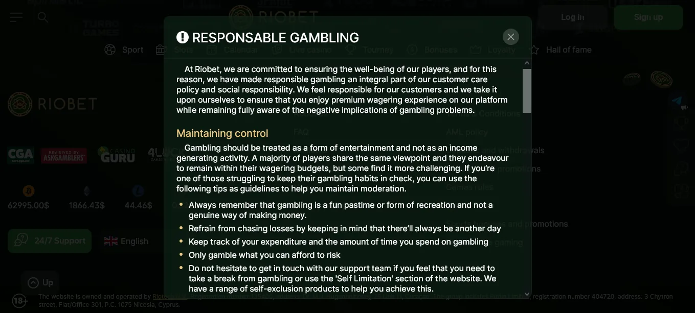 Screenshot of RioBet's responsible-gambling tools
