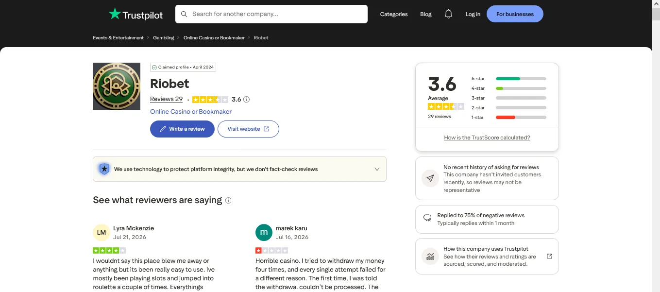 Screenshot of RioBet's Trustpilot rating overview