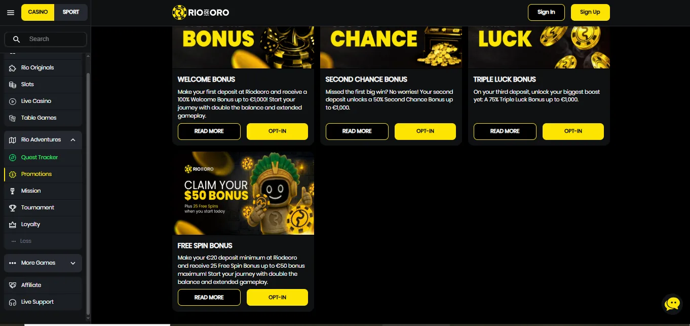 Screenshot of RioDeOro Casino's welcome bonus offer