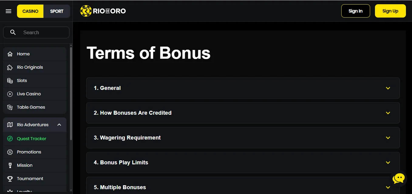 Screenshot of RioDeOro Casino's bonus terms and wagering requirements
