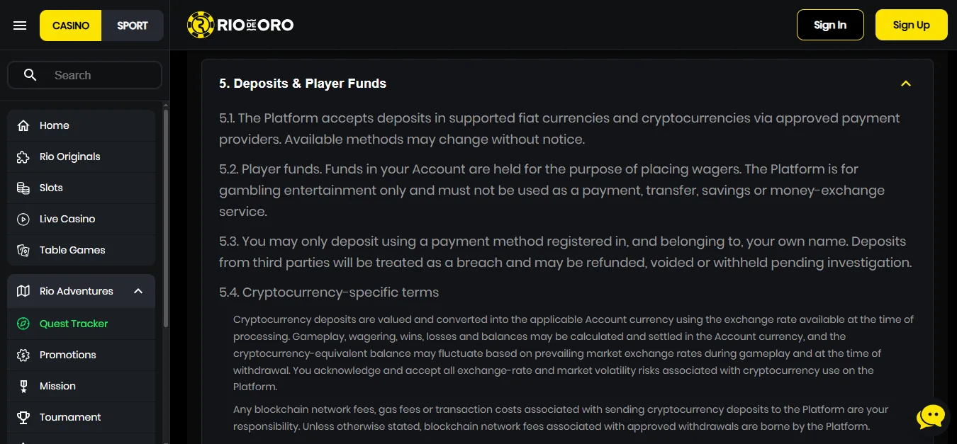 Screenshot of RioDeOro Casino's cashier and payment methods