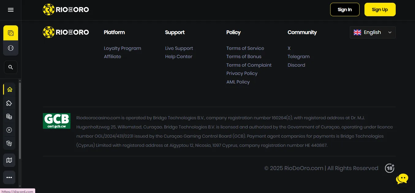 Screenshot of RioDeOro Casino's footer licence and regulator details
