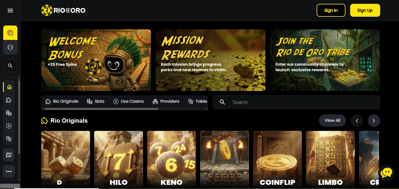Screenshot of RioDeOro Casino's homepage