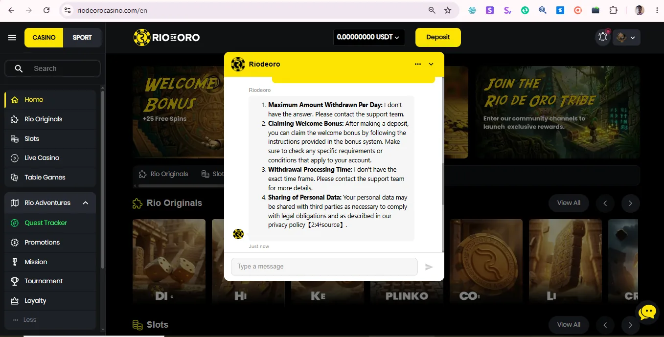 Screenshot of RioDeOro Casino's live chat support window