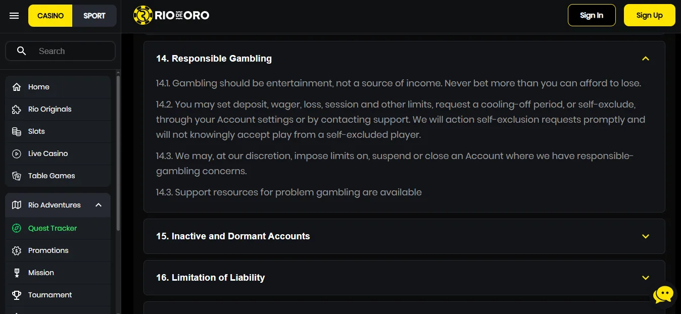 Screenshot of RioDeOro Casino's responsible-gambling tools