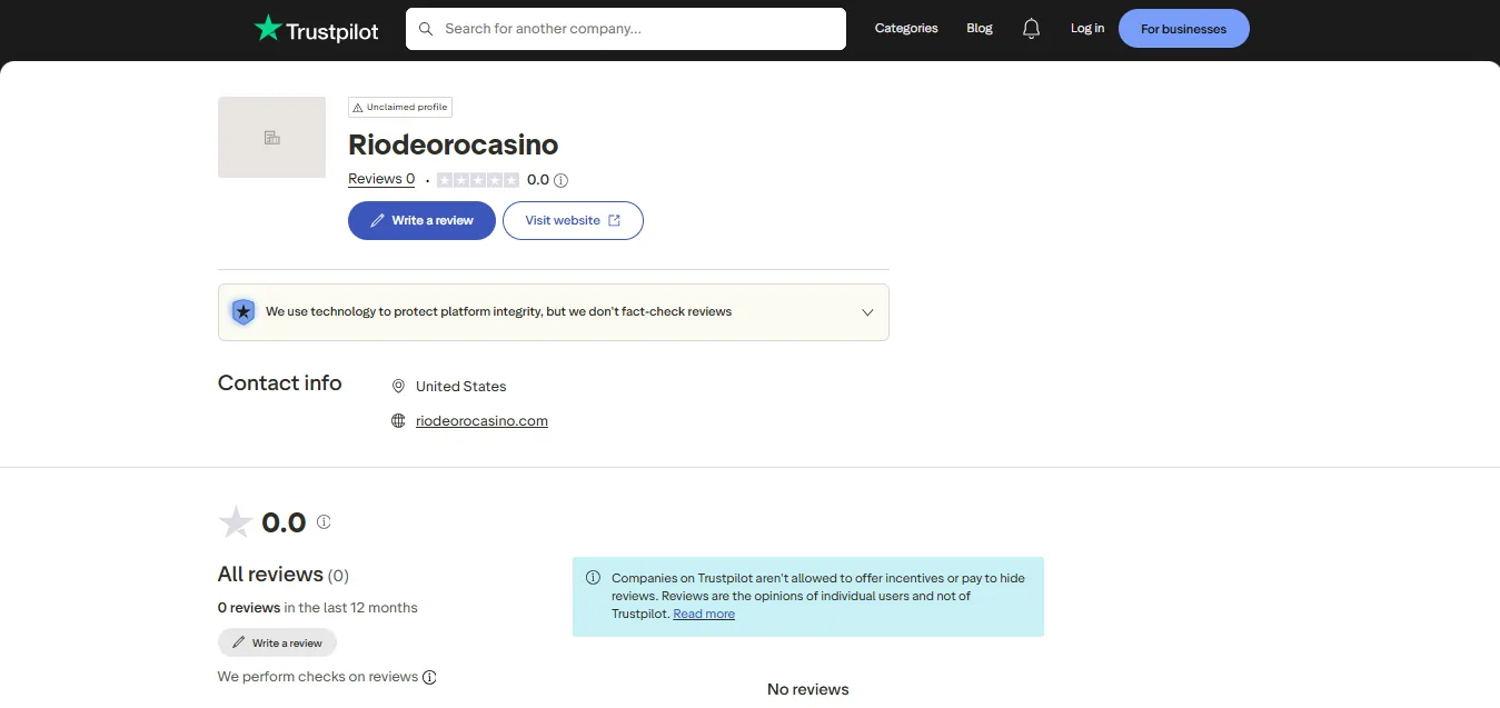 Screenshot of RioDeOro Casino's Trustpilot rating overview