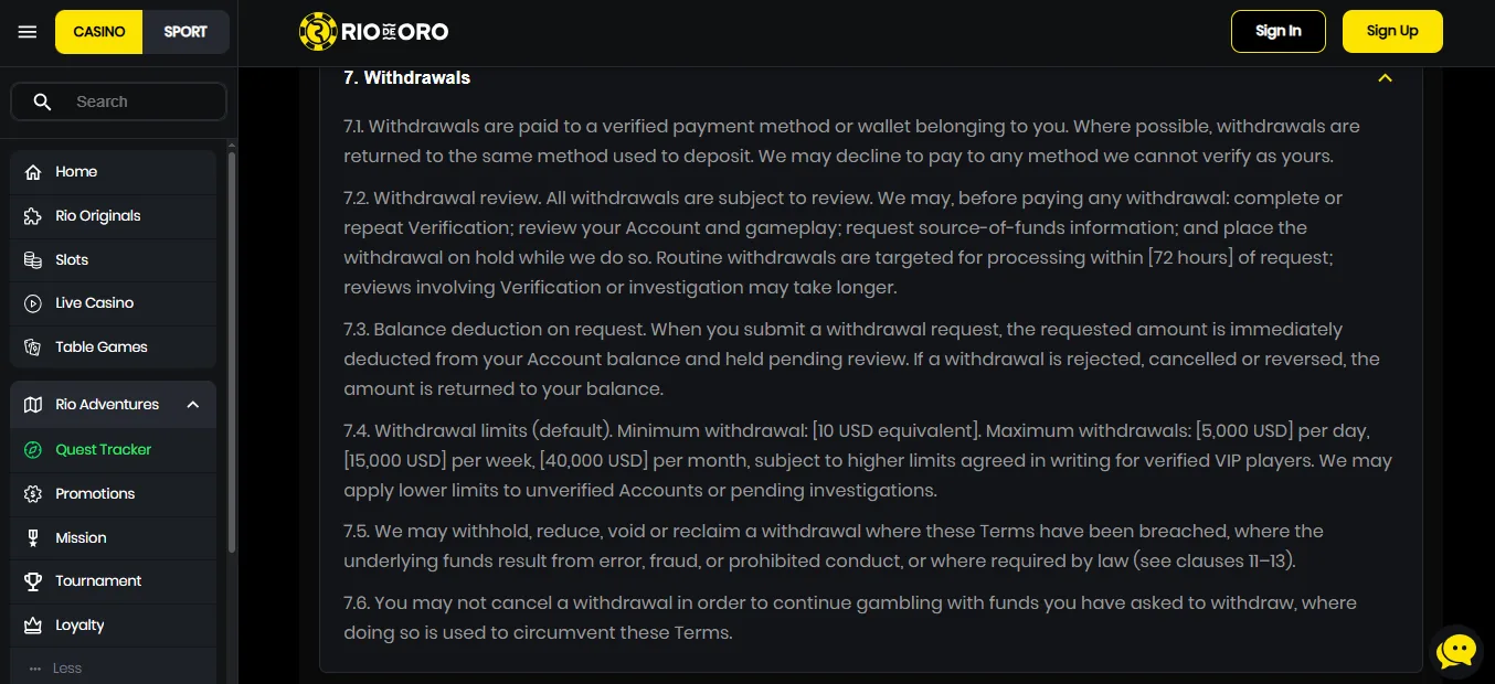 Screenshot of RioDeOro Casino's withdrawal section and limits