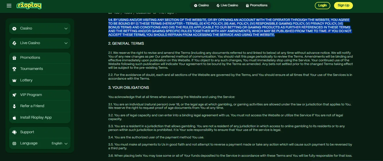 Screenshot of Rioplay Casino's bonus terms and wagering requirements