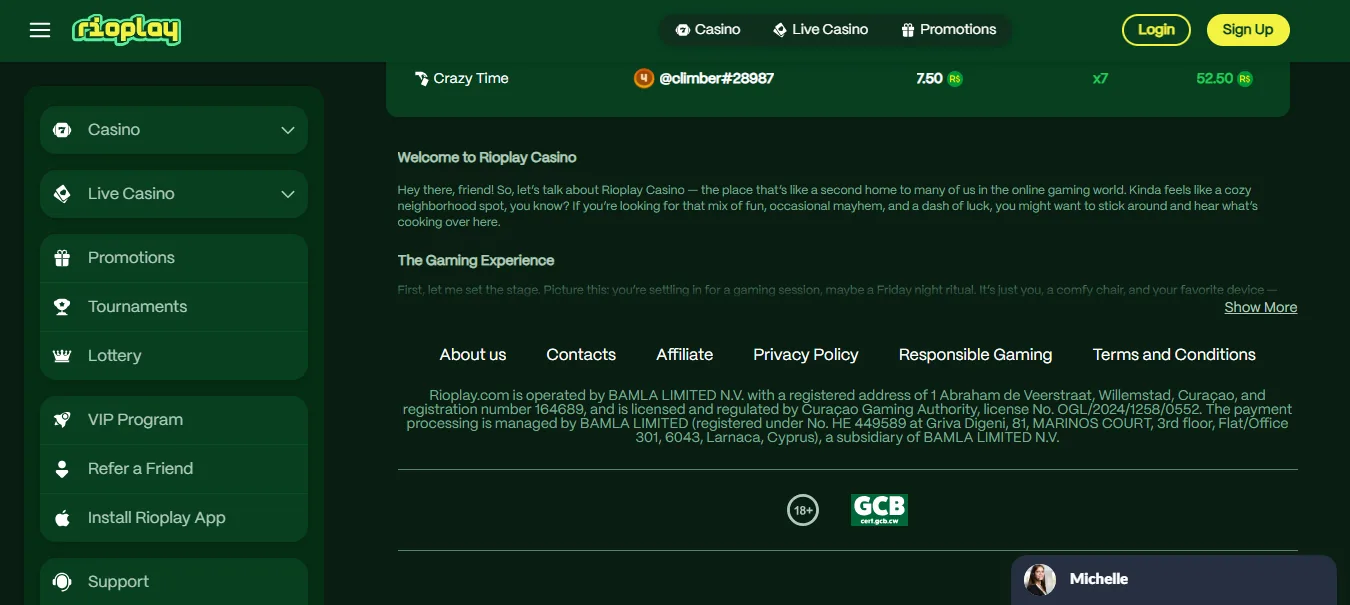 Screenshot of Rioplay Casino's footer licence and regulator details