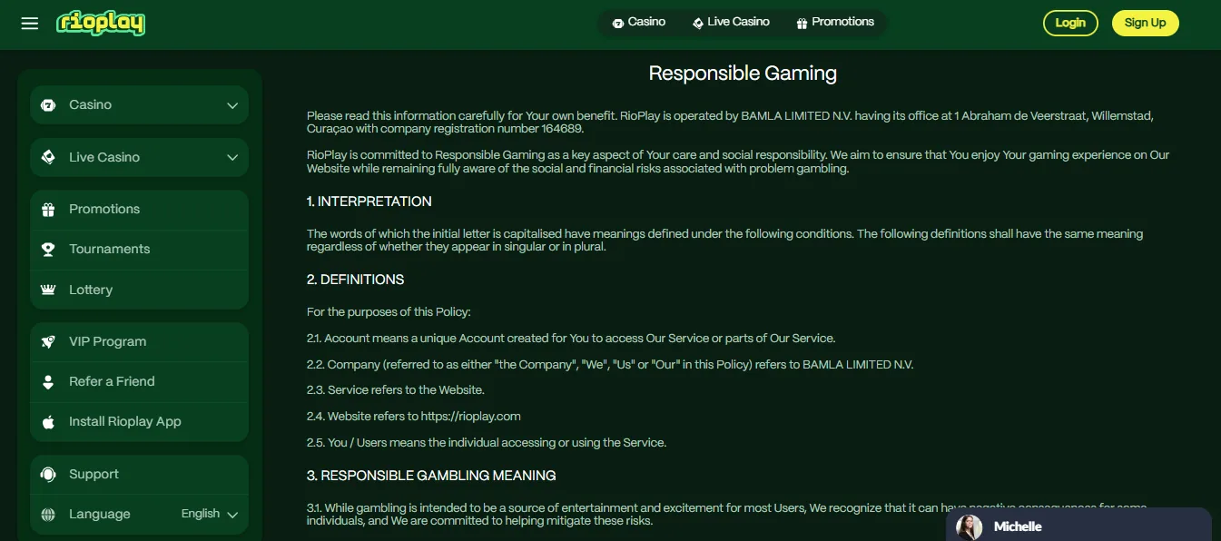 Screenshot of Rioplay Casino's responsible-gambling tools