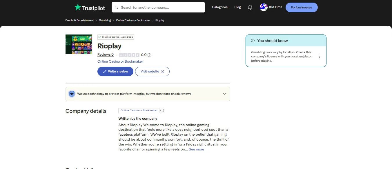 Screenshot of Rioplay Casino's Trustpilot rating overview