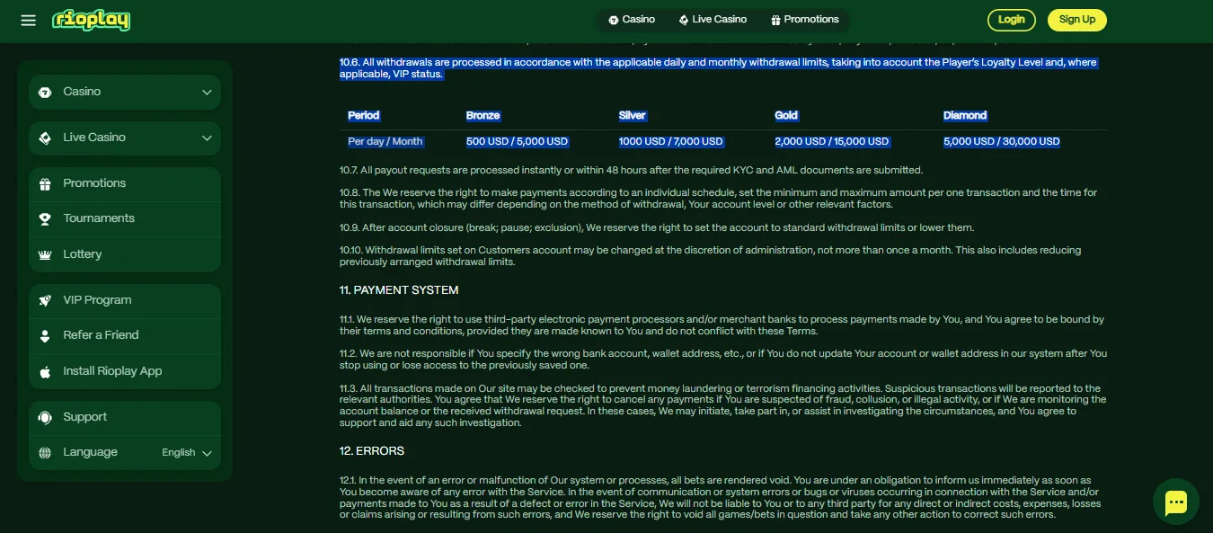 Screenshot of Rioplay Casino's withdrawal section and limits