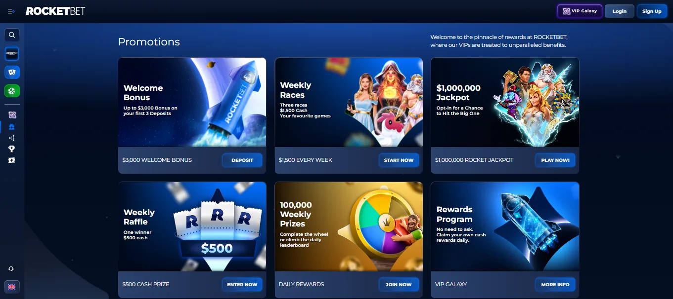 Screenshot of Rocketbet's welcome bonus offer