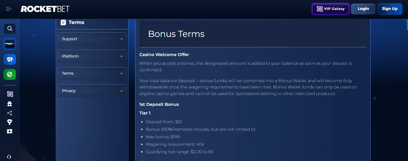 Screenshot of Rocketbet's bonus terms and wagering requirements
