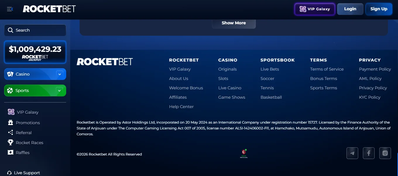 Screenshot of Rocketbet's footer licence and regulator details