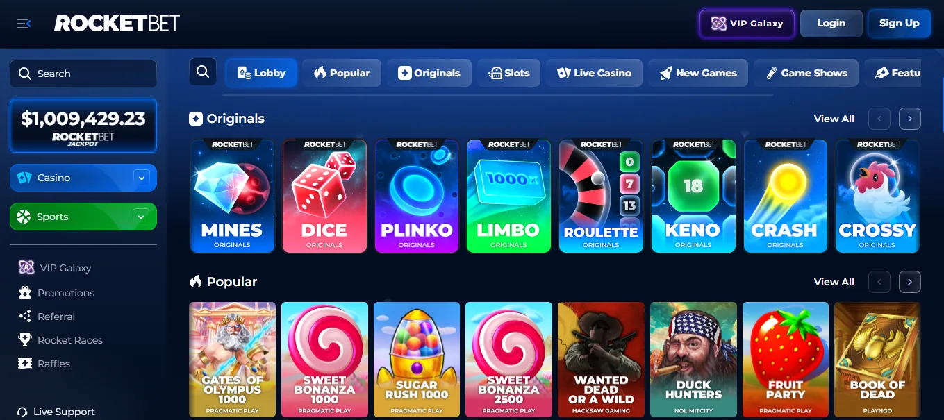 Screenshot of Rocketbet's games lobby
