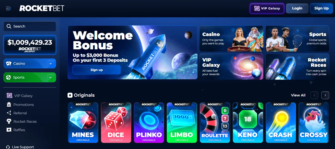 Screenshot of Rocketbet's homepage