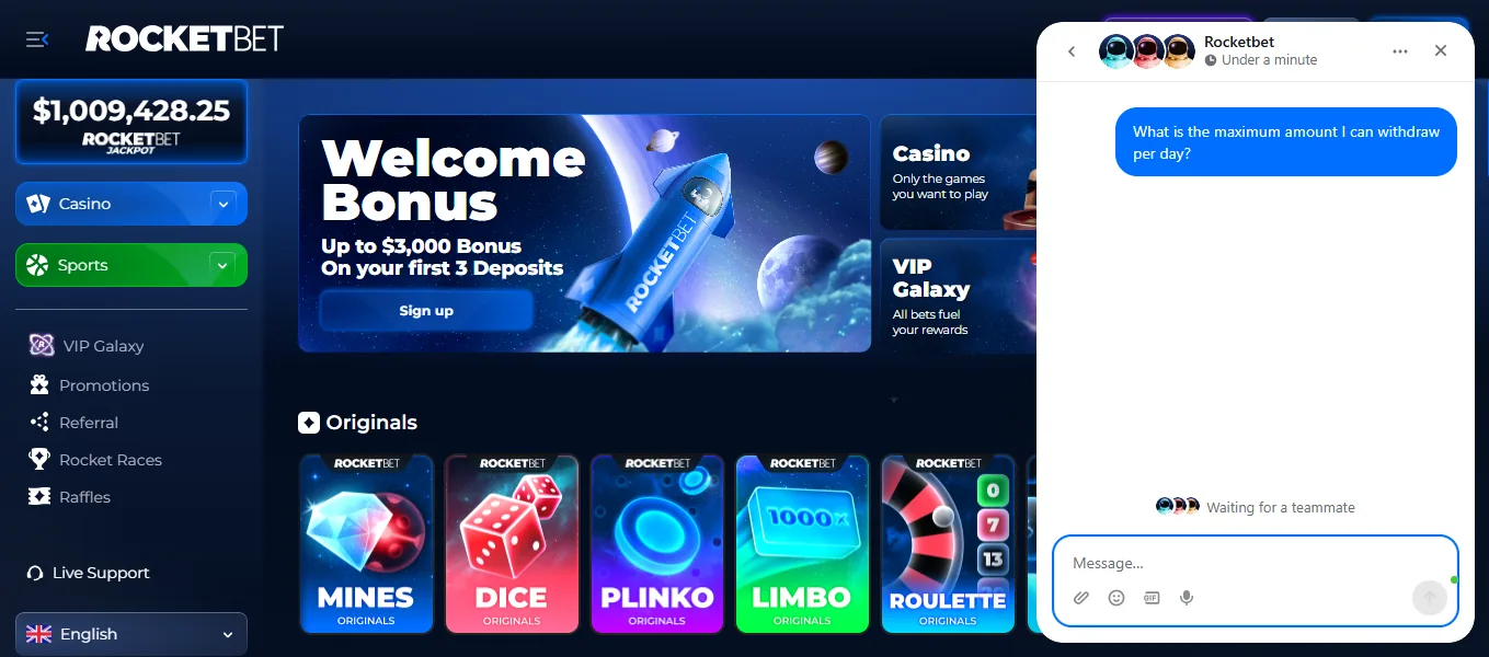 Screenshot of Rocketbet's live chat support window